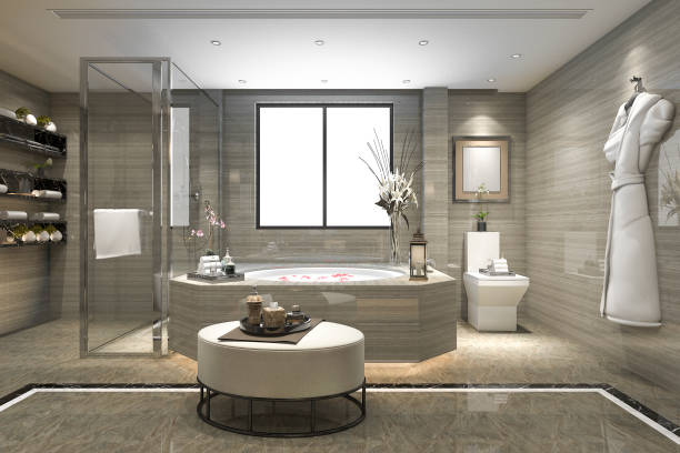 Grande salle de bain luxueuse en marbre avec jacuzzi