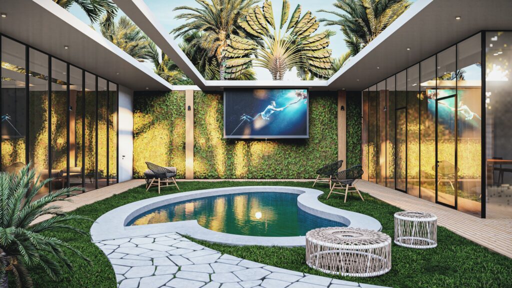 Maison en U avec piscine en forme de goute d'eau et écran géant