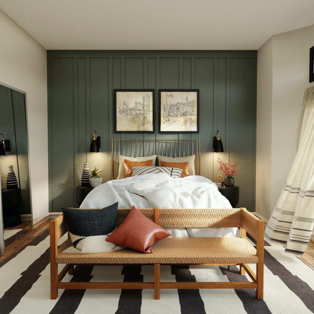 Chambre 12 m2 avec un lit et un mur vert foncé