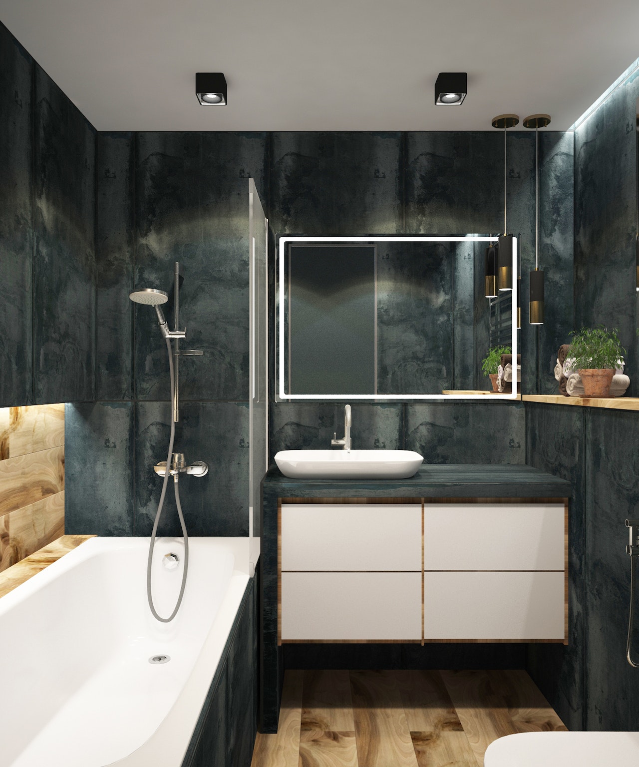 une salle de bain rénovée dans un style très moderne avec carrelage sombre, parquet clair, points d’eau en céramique et miroir rétroéclairé