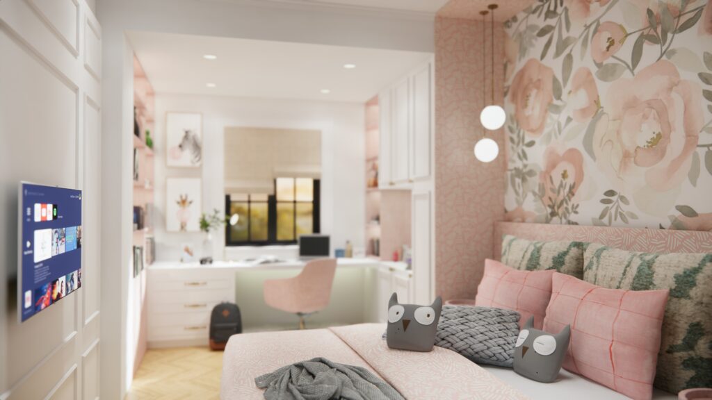 Studio rose avec lit et bureau