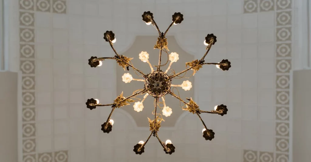 chandelier doré vu de dessous dans pièce au plafond blanc