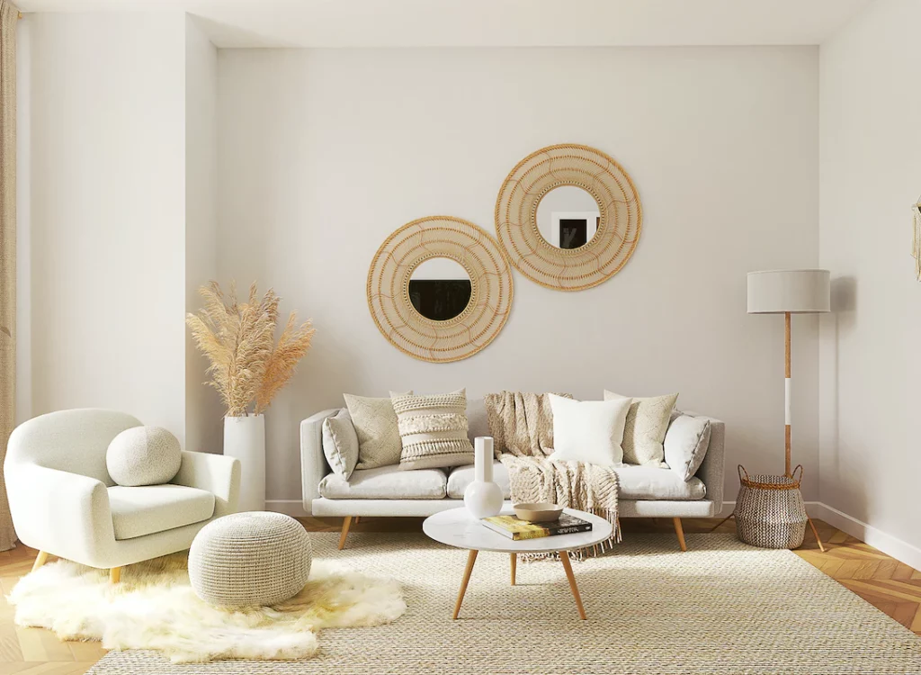 salon avec mur beige, fauteuil et canapé beige/blanc, tapis beige et pouf