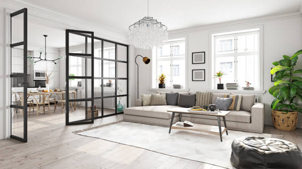 Salon et salle à manger séparés par une verrière en meuble de cloison