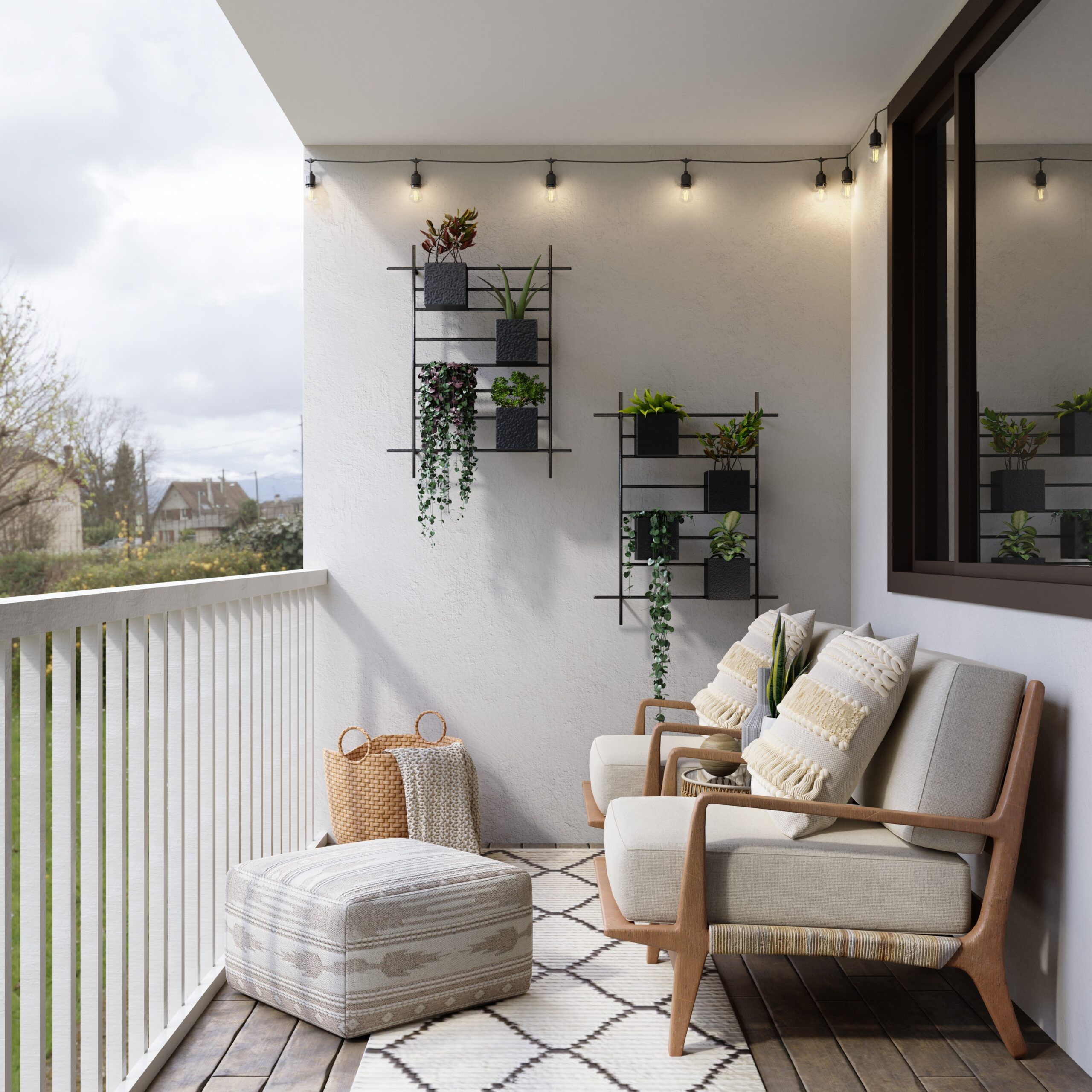 Balcon avec salon de jardin blanc et beige.